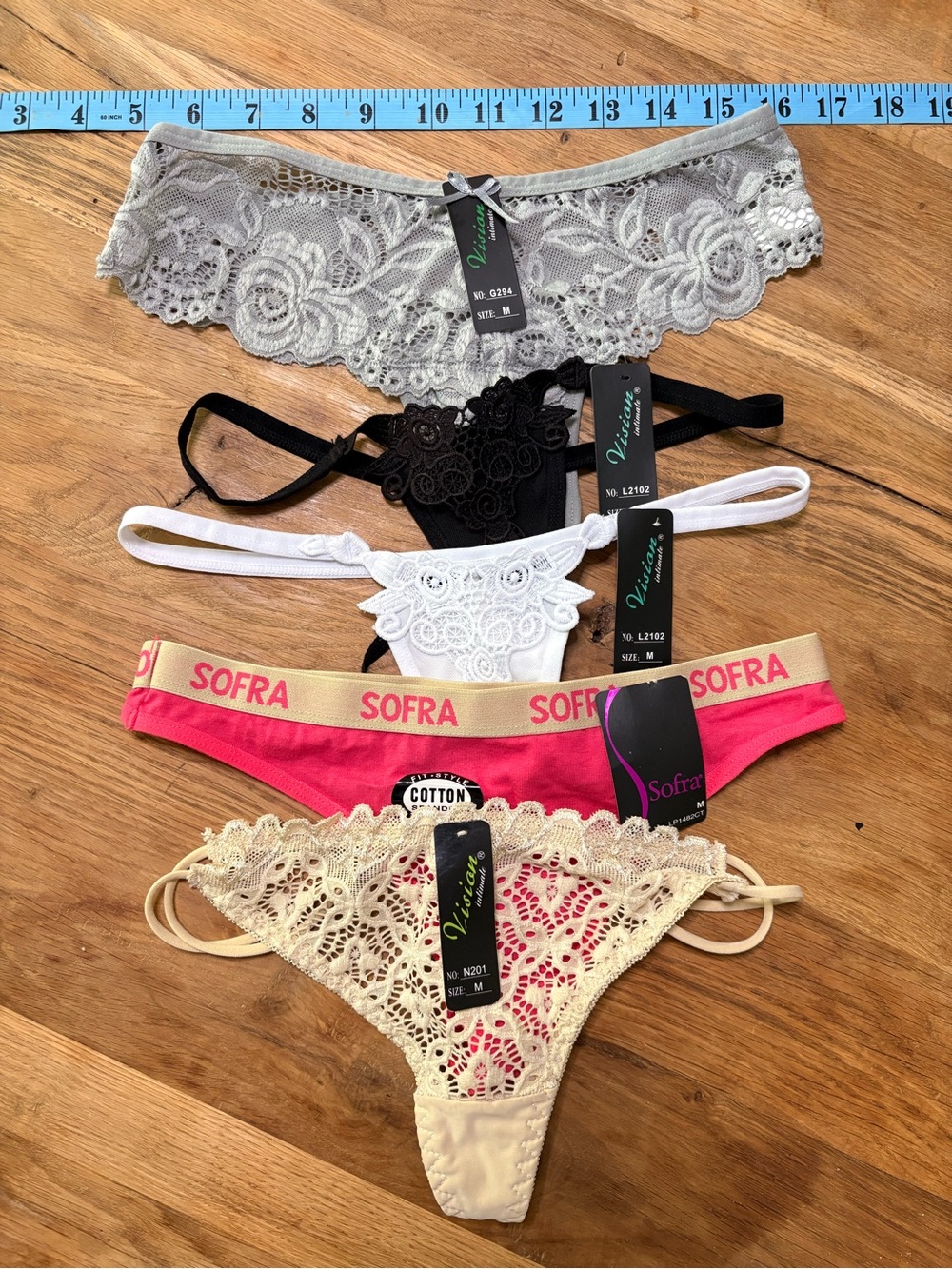 Assorted Lace & Cotton Thong Set - Gray, Black, White, Pink, Cream